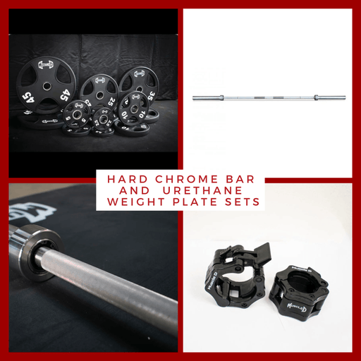 Hard Chrome Olympic Bar and Olympic Urethane Weight Plate Sets - Sweatfully
