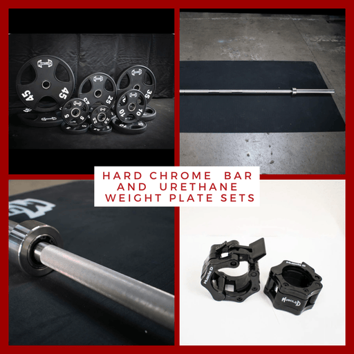 7' Stainless Steel Bushing Olympic Bar and Olympic Urethane Weight Plate Sets - Sweatfully