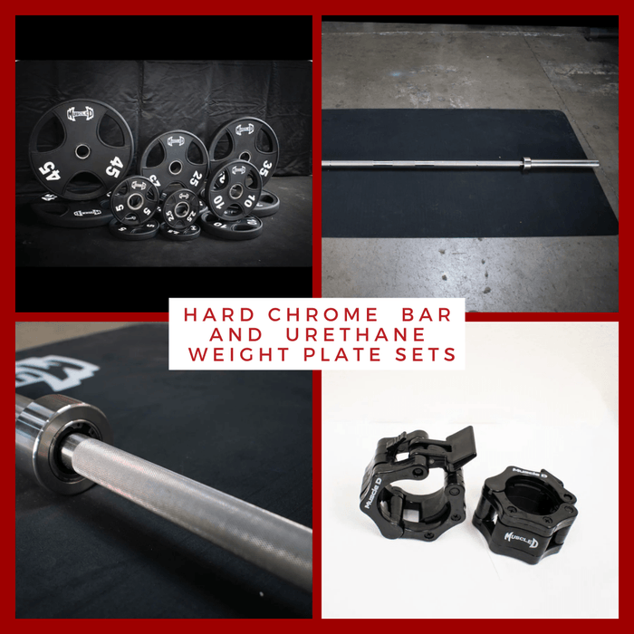 7' Stainless Steel Bushing Olympic Bar and Olympic Urethane Weight Plate Sets - Sweatfully