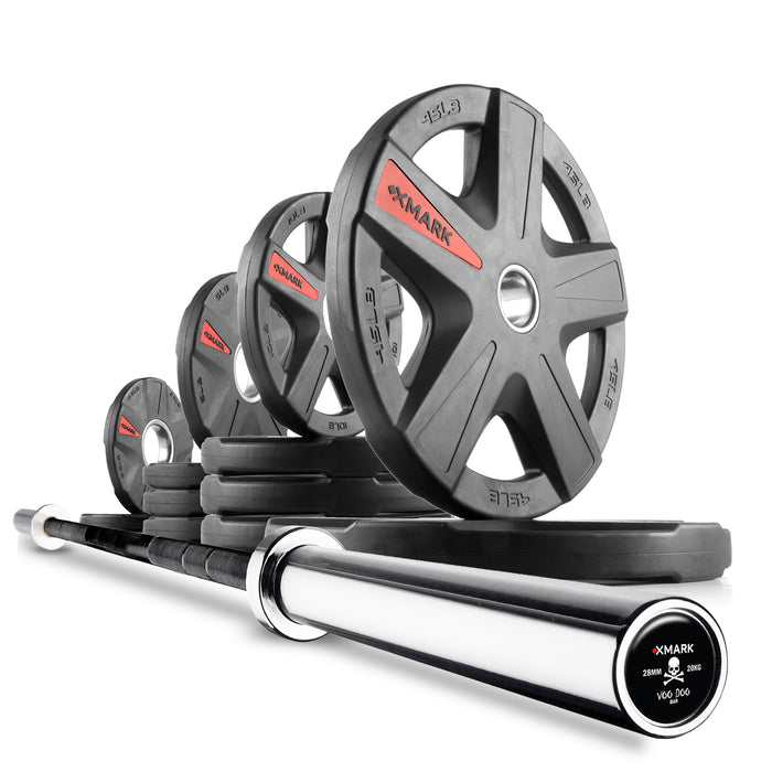 XMARK Texas Star Olympic Weight Plates and Olympic Barbell Sets CROWBAR-3389-BAL-155 - Sweatfully