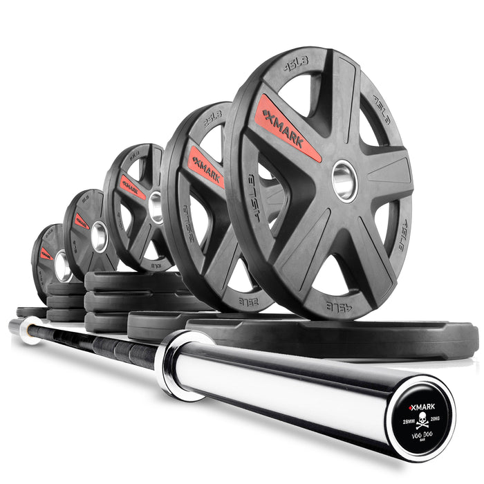 XMARK Texas Star Olympic Weight Plates and Olympic Barbell Sets CROWBAR-3389-BAL-155 - Sweatfully