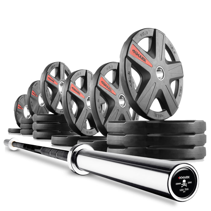 XMARK Texas Star Olympic Weight Plates and Olympic Barbell Sets CROWBAR-3389-BAL-155 - Sweatfully