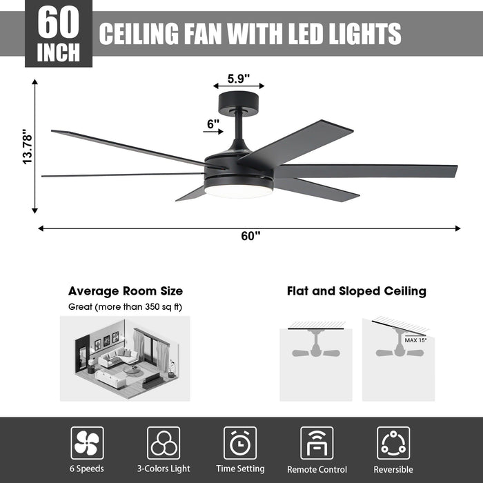 60" Volga DC Motor 6 Blades Modern Downrod Mount Ceiling Fan with Remote Control - Sweatfully