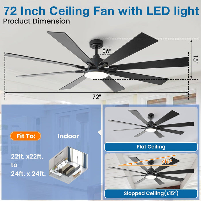 72 Inch Elbe Modern Downrod Mount Ceiling Fan with Light and Remote Control - Sweatfully