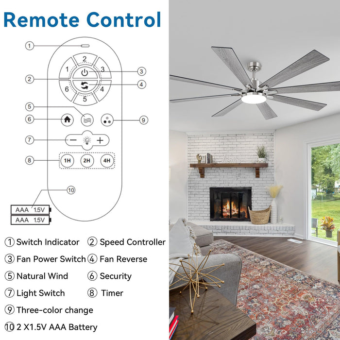 72 Inch Elbe Modern Downrod Mount Ceiling Fan with Light and Remote Control - Sweatfully