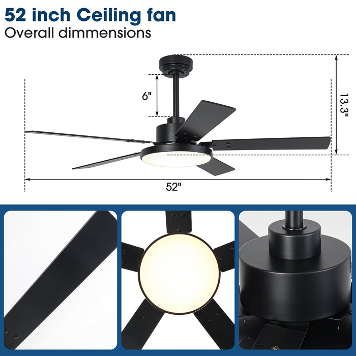 Vaczon 52 Inch 5 Blades DC Motor Modern Downrod Ceiling Fan with LED Light and Remote Control - Sweatfully