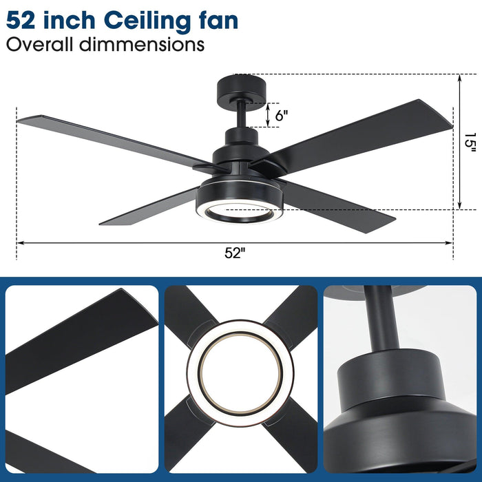 Vaczon 52 Inch 4 Blades DC Motor Modern Downrod Ceiling Fan with LED Light and Remote Control - Sweatfully