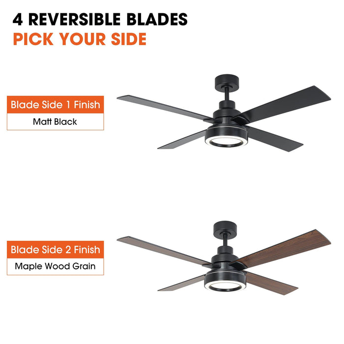 Vaczon 52 Inch 4 Blades DC Motor Modern Downrod Ceiling Fan with LED Light and Remote Control - Sweatfully
