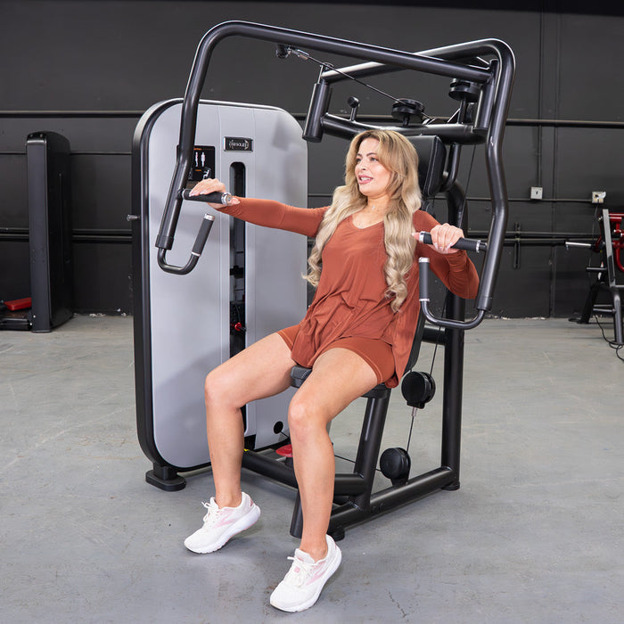 Vogue Chest Press - Muscle D Fitness - Adjustable Seat - Pin Selectorized - Pec Workout - Sweatfully