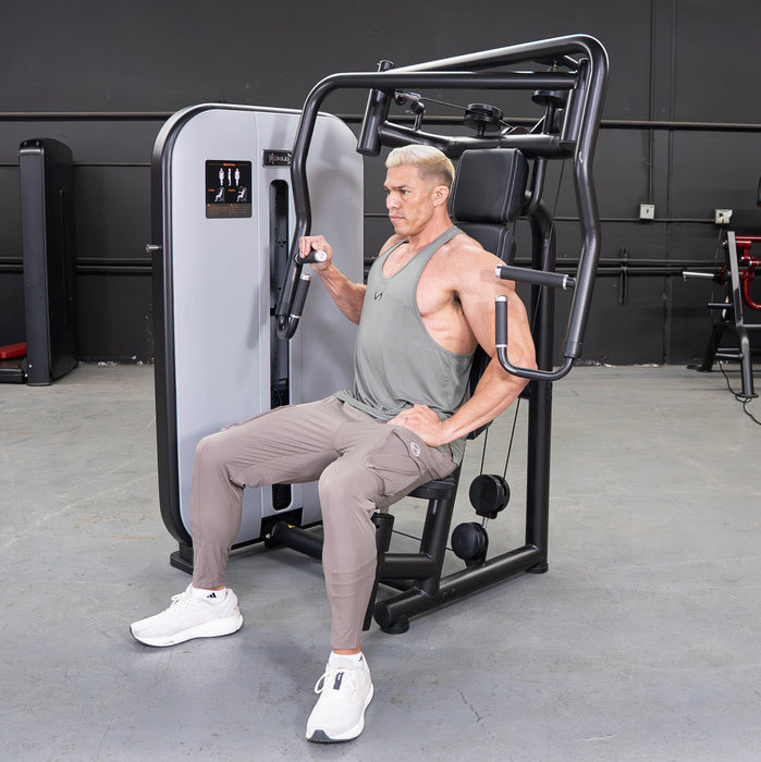 Vogue Chest Press - Muscle D Fitness - Adjustable Seat - Pin Selectorized - Pec Workout - Sweatfully