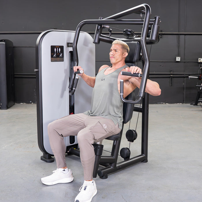 Vogue Chest Press - Muscle D Fitness - Adjustable Seat - Pin Selectorized - Pec Workout - Sweatfully