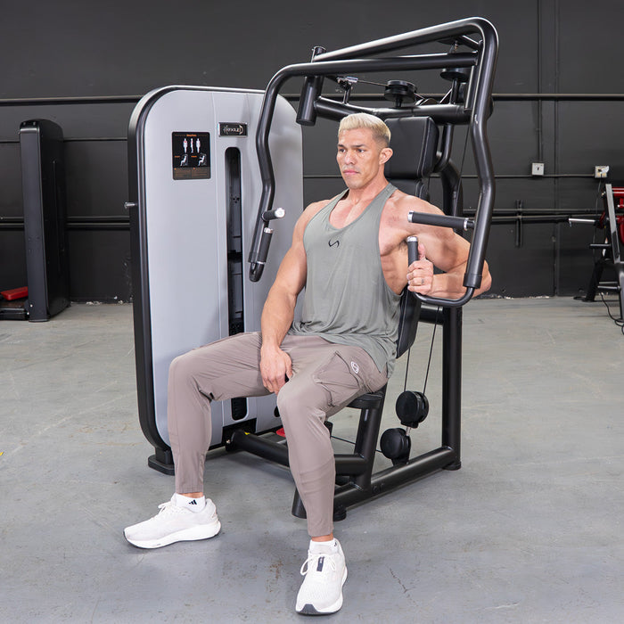 Vogue Chest Press - Muscle D Fitness - Adjustable Seat - Pin Selectorized - Pec Workout - Sweatfully