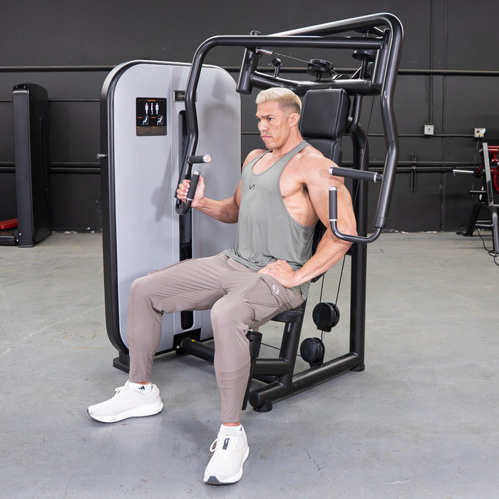 Vogue Chest Press - Muscle D Fitness - Adjustable Seat - Pin Selectorized - Pec Workout - Sweatfully