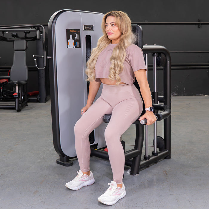 Vogue Triceps Press-Down - Muscle D Fitness - Adjustable Seat - Pin Selectorized - Arm Workout - Sweatfully