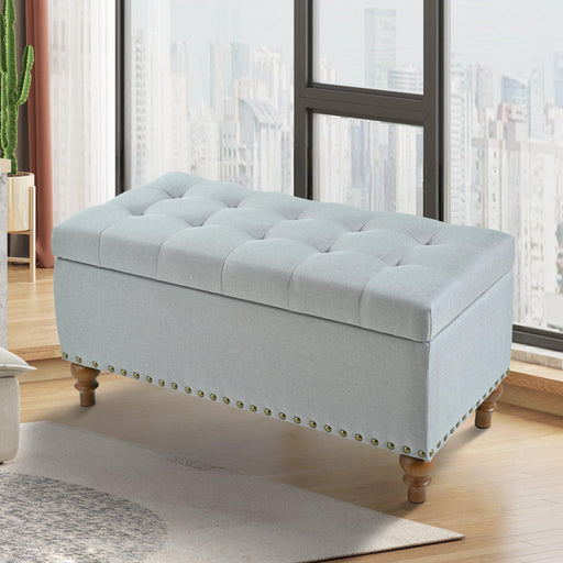 36" Ottoman Storage Bench with Recessed Support Hinge Top for Easy Opening,  Rivet Trim Around, Linen - Sweatfully