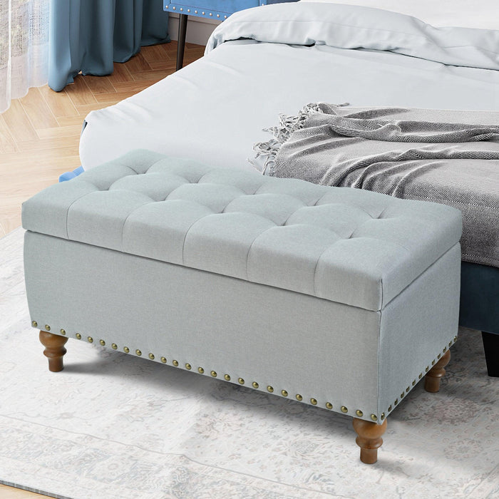 36" Ottoman Storage Bench with Recessed Support Hinge Top for Easy Opening,  Rivet Trim Around, Linen - Sweatfully