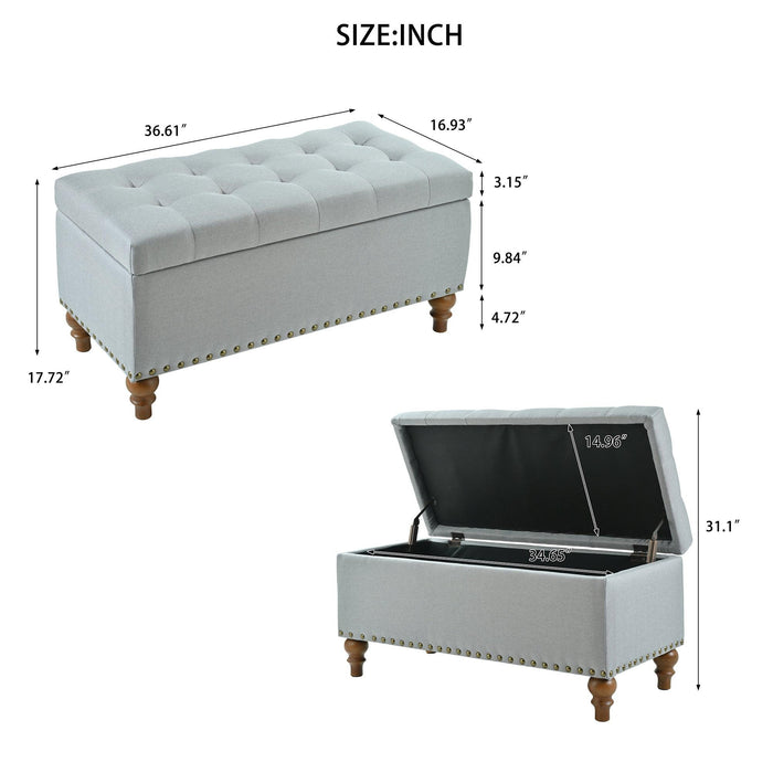 36" Ottoman Storage Bench with Recessed Support Hinge Top for Easy Opening,  Rivet Trim Around, Linen - Sweatfully