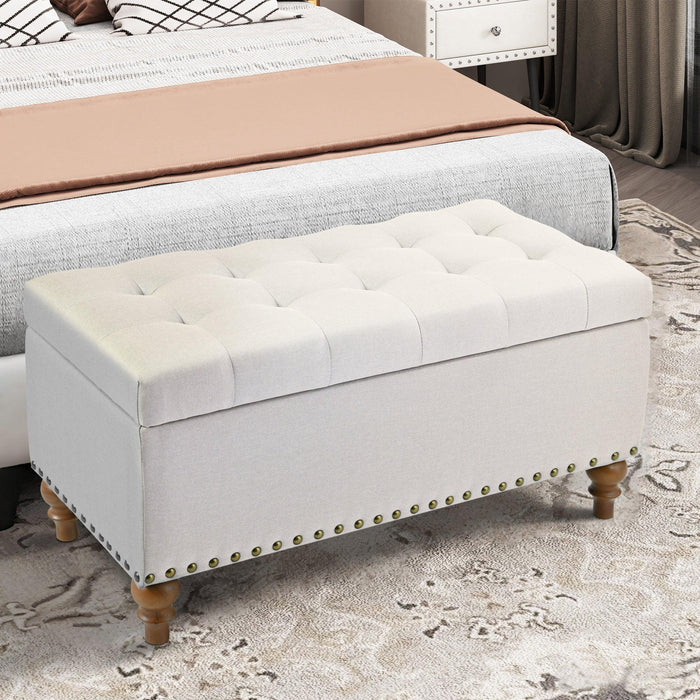 36" Ottoman Storage Bench with Recessed Support Hinge Top for Easy Opening,  Rivet Trim Around, Linen - Sweatfully