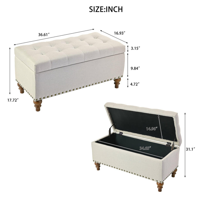 36" Ottoman Storage Bench with Recessed Support Hinge Top for Easy Opening,  Rivet Trim Around, Linen - Sweatfully