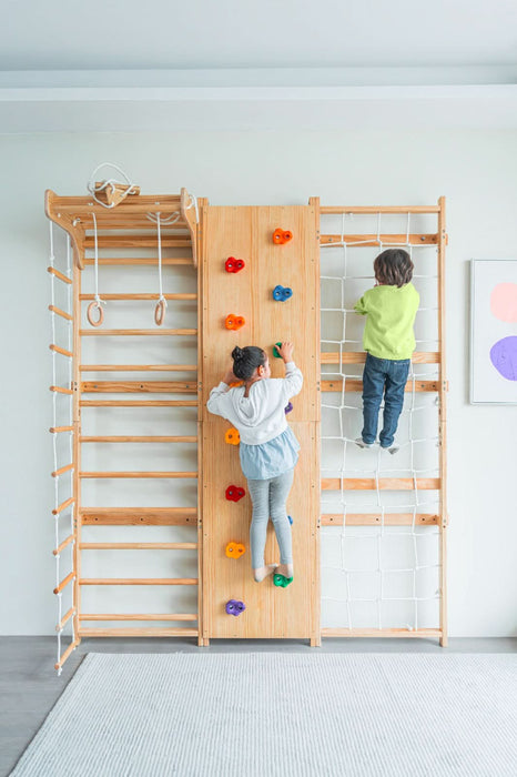 Walnut 9-in-1 Swedish Ladder Wall Gym | Indoor Wooden Climber & Activity Set for Kids - Sweatfully