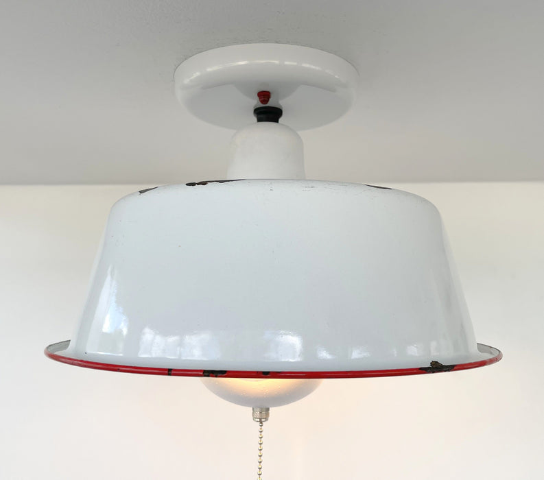 Antique FARMHOUSE WHITE ENAMEL Pan Ceiling Light - Sweatfully