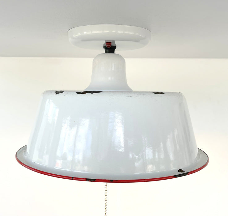 Antique FARMHOUSE WHITE ENAMEL Pan Ceiling Light - Sweatfully