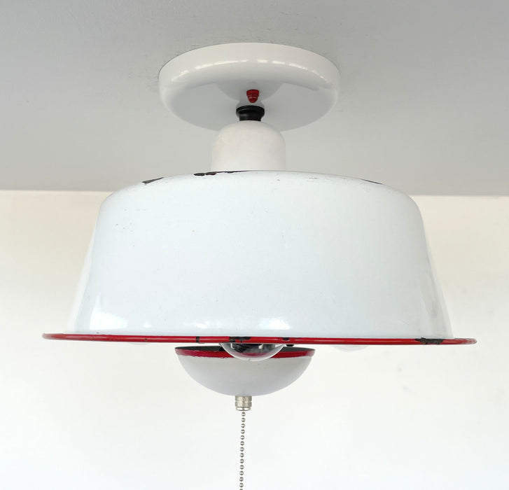 Antique FARMHOUSE WHITE ENAMEL Pan Ceiling Light - Sweatfully