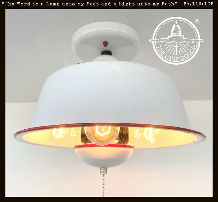 Antique FARMHOUSE WHITE ENAMEL Pan Ceiling Light - Sweatfully