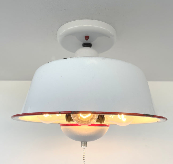 Antique FARMHOUSE WHITE ENAMEL Pan Ceiling Light - Sweatfully