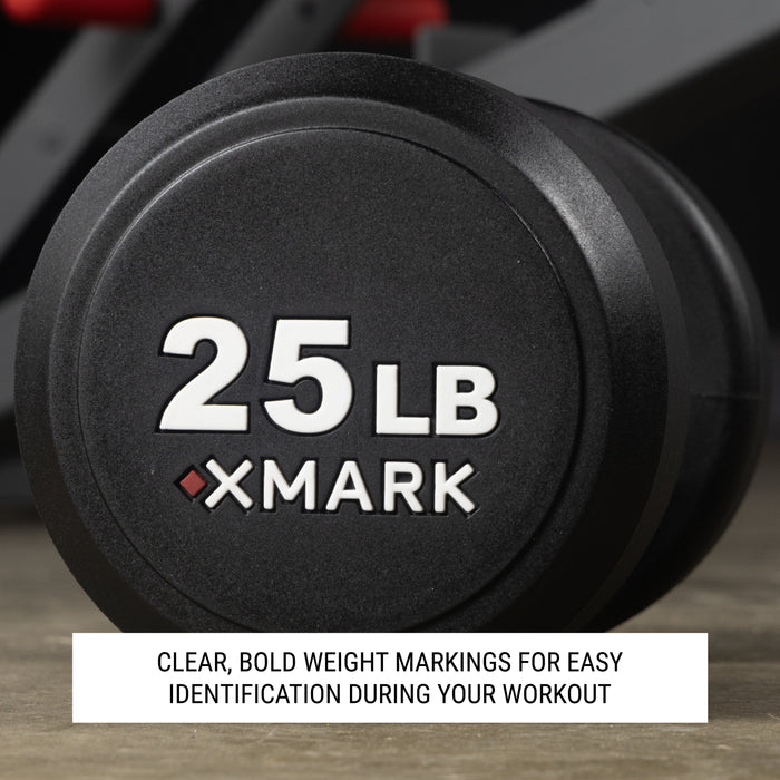 XMARK Round Commercial Urethane Dumbbells  (5-50 lb and 5-75 lb Sets) XM-9104-3316-550S - Sweatfully