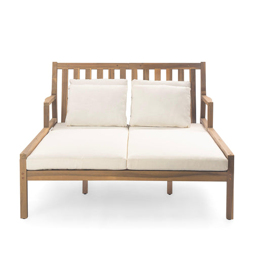 Outdoor Daybed, Patio Daybed with Four Pillows, Wooden Outdoor Bed with Curved Armrests for Poolside, Backyard, Garden - Sweatfully