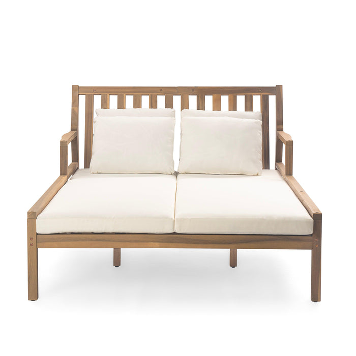 Outdoor Daybed, Patio Daybed with Four Pillows, Wooden Outdoor Bed with Curved Armrests for Poolside, Backyard, Garden - Sweatfully