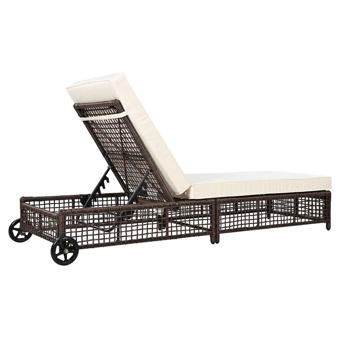 Outdoor Lounge Chair, Patio Chaise Lounge with 5-Position Backrest, Rattan Outdoor Lounge Chair with Cushion and Wheels for Poolside, Backyard, Garden - Sweatfully