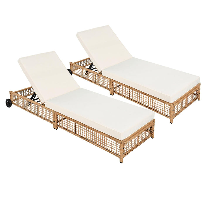 Outdoor Lounge Chair, Patio Chaise Lounge with 5-Position Backrest, Rattan Outdoor Lounge Chair with Cushion and Wheels for Poolside, Backyard, Garden - Sweatfully