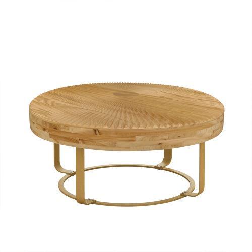 31.5" Modern round coffee table Wooden carving pattern coffee table with metal legs for living room reception room office Golden - Sweatfully
