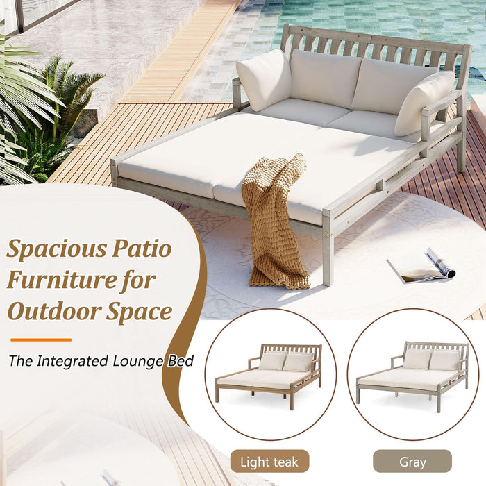 Outdoor Daybed, Patio Daybed with Four Pillows, Wooden Outdoor Bed with Curved Armrests for Poolside, Backyard, Garden - Sweatfully