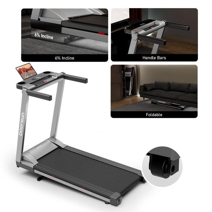 DeerRun A1 Pro Move+  6% Incline Foldable Treadmill——2025 Upgraded Chip & NFC Support | 350Lbs, 10mph Silver - Sweatfully