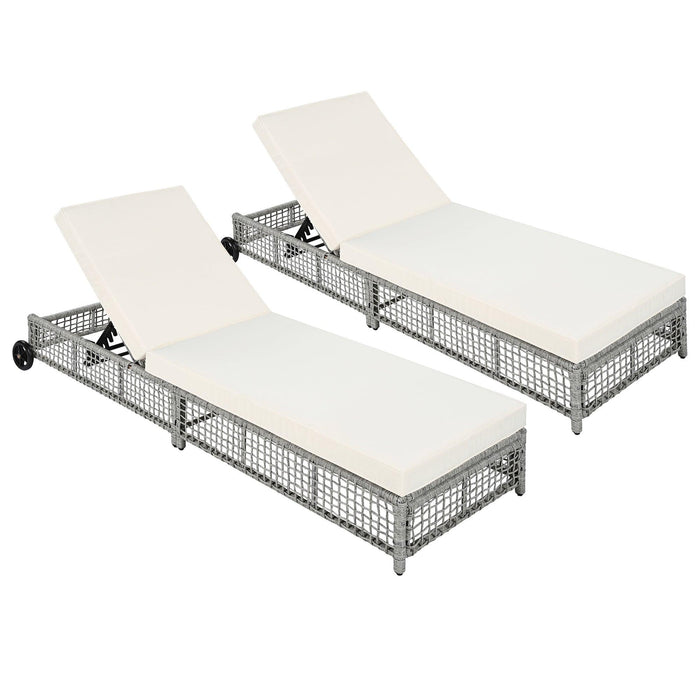 Outdoor Lounge Chair, Patio Chaise Lounge with 5-Position Backrest, Rattan Outdoor Lounge Chair with Cushion and Wheels for Poolside, Backyard, Garden - Sweatfully