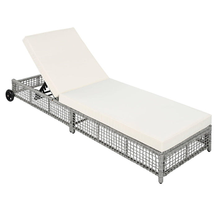 Outdoor Lounge Chair, Patio Chaise Lounge with 5-Position Backrest, Rattan Outdoor Lounge Chair with Cushion and Wheels for Poolside, Backyard, Garden - Sweatfully