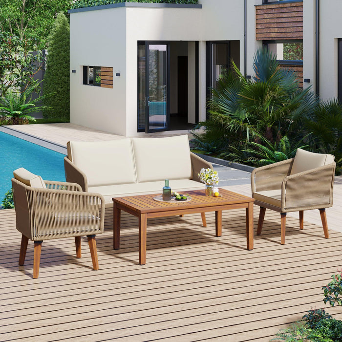 4 Pieces Outdoor Furniture Set with Loveseat, Patio Rope Conversation Set with Cushions for Backyard, Poolside, Garden - Sweatfully