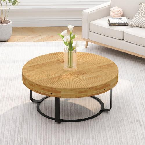 31.5" Modern round coffee table Wooden carving pattern coffee table with metal legs for living room reception room office Golden - Sweatfully