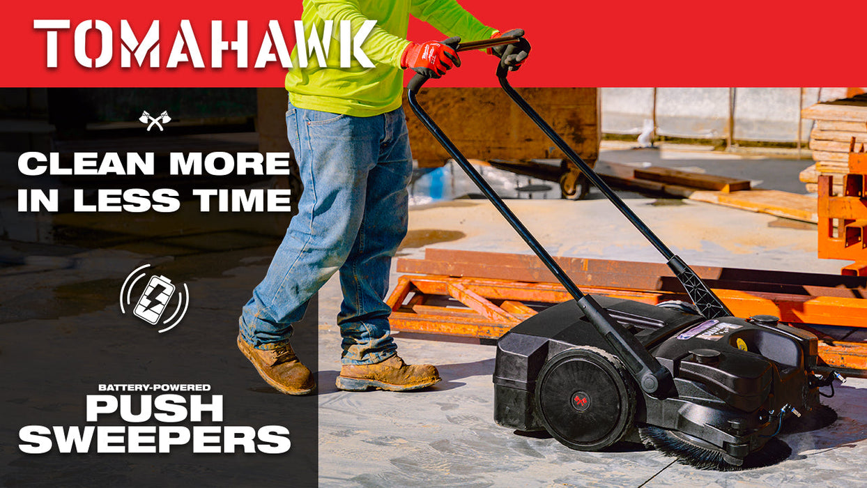30" Battery Powered Push Sweeper with Triple Power Brooms Electric Drive and Dust Suppression - Sweatfully
