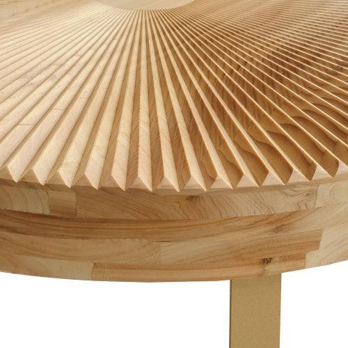 31.5" Modern round coffee table Wooden carving pattern coffee table with metal legs for living room reception room office Golden - Sweatfully