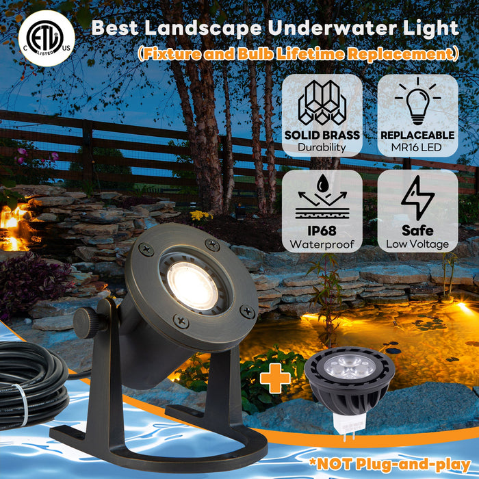 Gardenreet Cast Brass LED Underwater Pond Light for Submersible,Waterfall,Pool,Fountain (2801) - Sweatfully