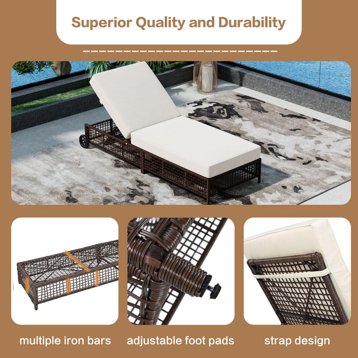 Outdoor Lounge Chair, Patio Chaise Lounge with 5-Position Backrest, Rattan Outdoor Lounge Chair with Cushion and Wheels for Poolside, Backyard, Garden - Sweatfully