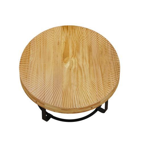 31.5" Modern round coffee table Wooden carving pattern coffee table with metal legs for living room reception room office Golden - Sweatfully