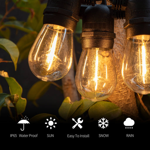 Gardenreet 48FT Outdoor Bistro Lights, Shatterproof LED Bulbs(Plastic/Glass,1 Spare), IP65 Waterproof Hanging Lights for Camping, Wedding, Backyard, Porch, Deck, Party, Garden - Sweatfully