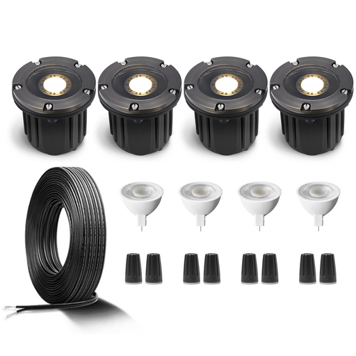 Gardenreet Brass 12V Landscape Lighting Kit (4/6Pack Well Lights) with Cable, Wire Connectors  Use 5W 2700K 450LM LED MR16 Bulb for Outdoor Garden Pathway Yard Wall Lighting Without Low Voltage Transformer - Sweatfully