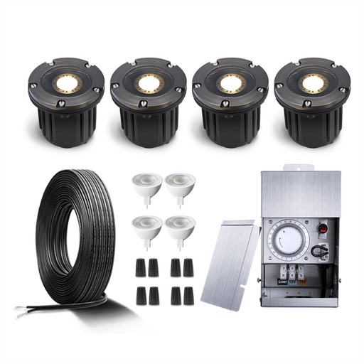 Gardenreet Brass Low Voltage Landscape Lighting Kit (4/6Pack Well Lights) 12V LED with Low Voltage Transformer,  Mechanical Timer, Wire, Connectors  Use 5W 450LM 2700K LED MR16 Bulb for Outdoor House Yard Patio Pathway Lighting - Sweatfully
