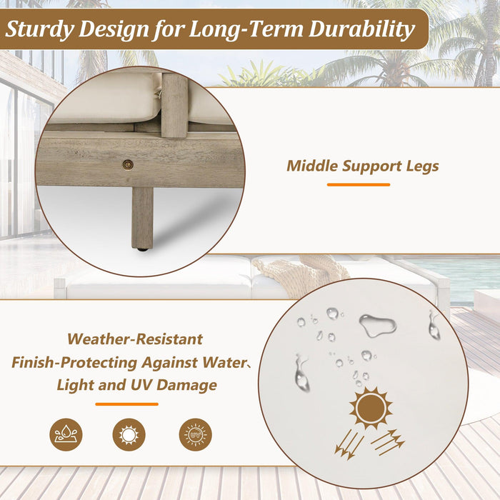 Outdoor Daybed, Patio Daybed with Four Pillows, Wooden Outdoor Bed with Curved Armrests for Poolside, Backyard, Garden - Sweatfully